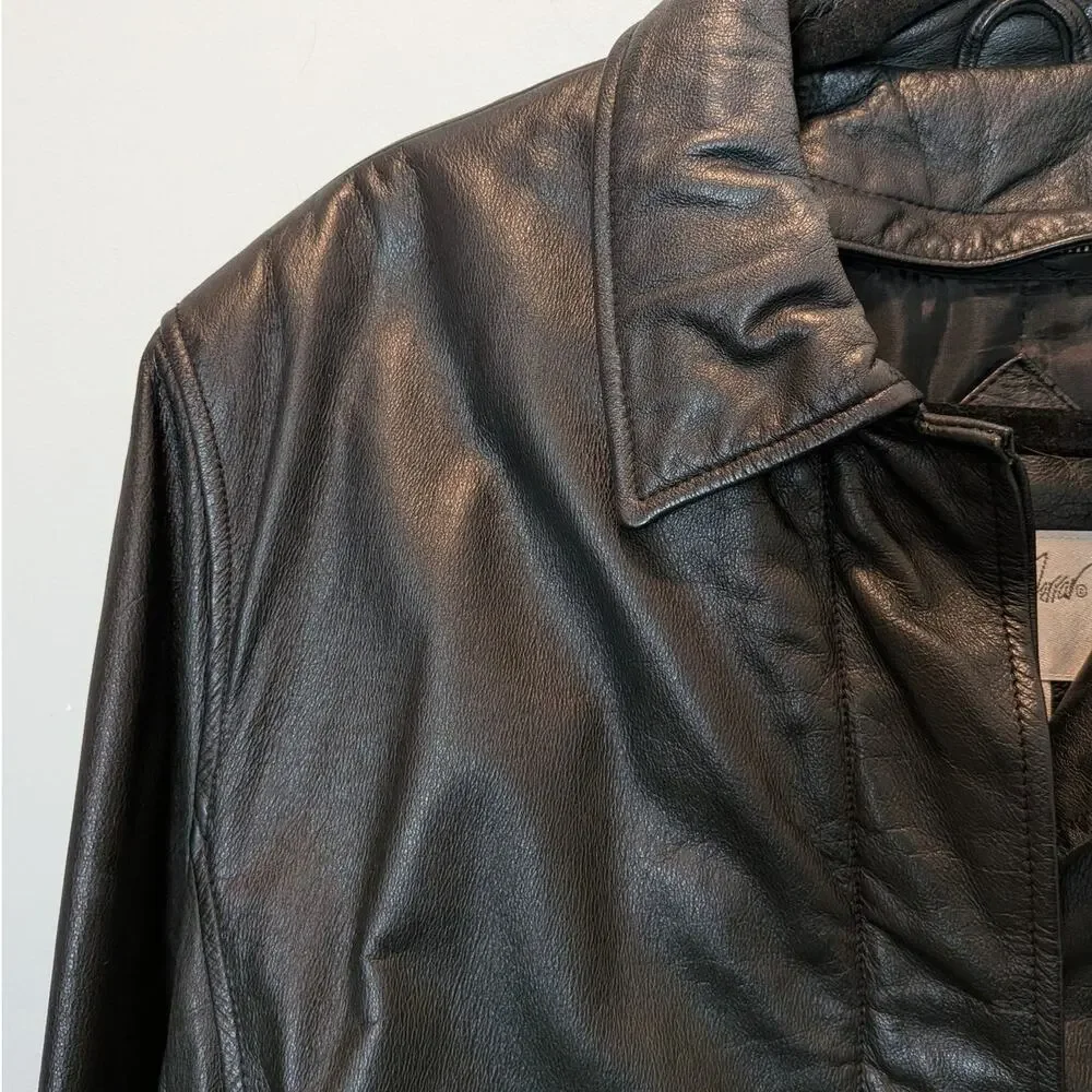 Vintage Jacqueline Ferrar Women's Sz XL Black Leather Trench Coat Zip Out Lining